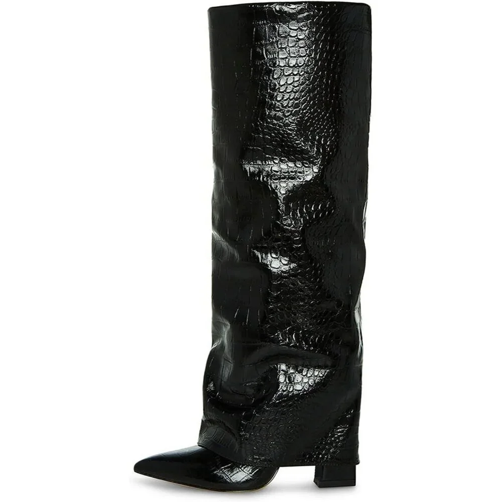 Women Crocodile-black Leather Fold Over Knee High Chunky High Heels Long Boot